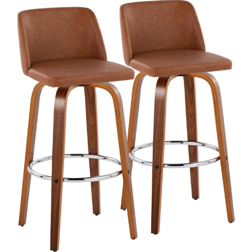 Toriano 30" Swivel Bar Stool in Walnut Wood & Camel Leatherette w/ Chrome Footrest (Set of 2)